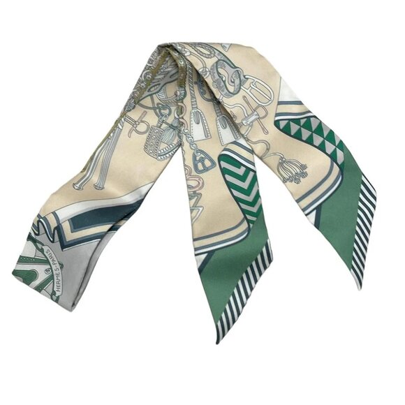 Auth HERMES Twilly - Cream Green Multi Silk Scarf - Picture 1 of 6